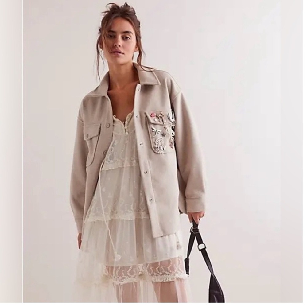 We The Free Lola‎ Oversized Shirt Jacket Collared Shacket Beige Women XS